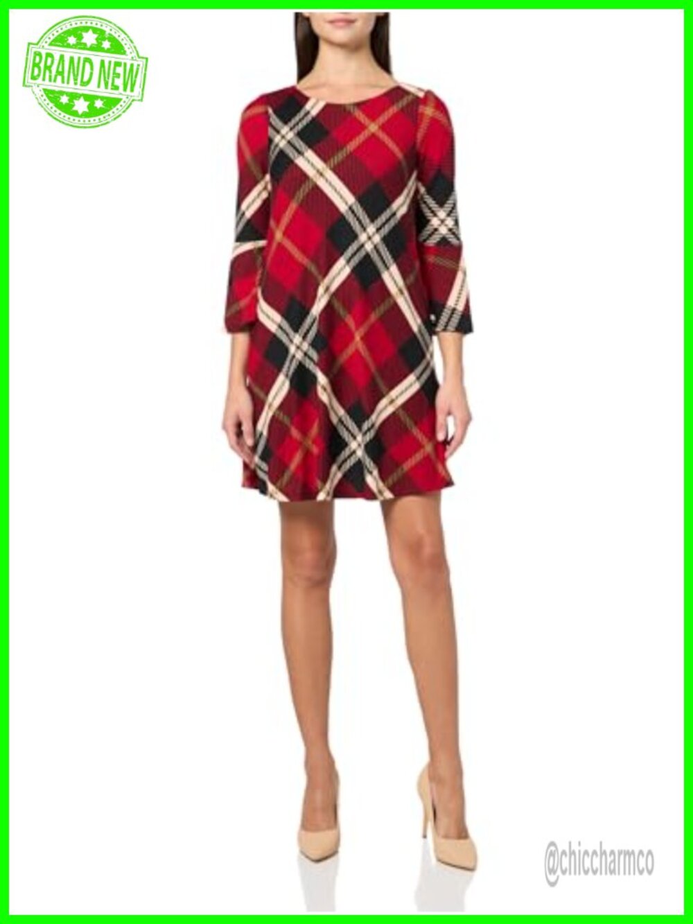 Jessica Howard Plaid Trapeze Dress Long Sleeve Crew Neck Casual
